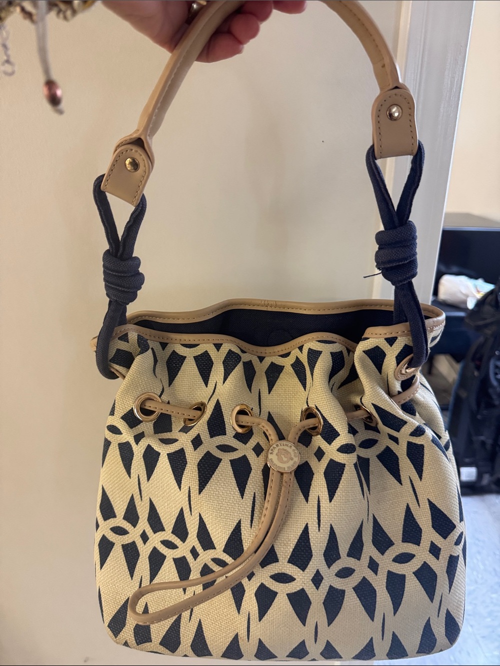 Spartina 449 Navy and Cream Drawstring Bucket Bag with Tan Trim